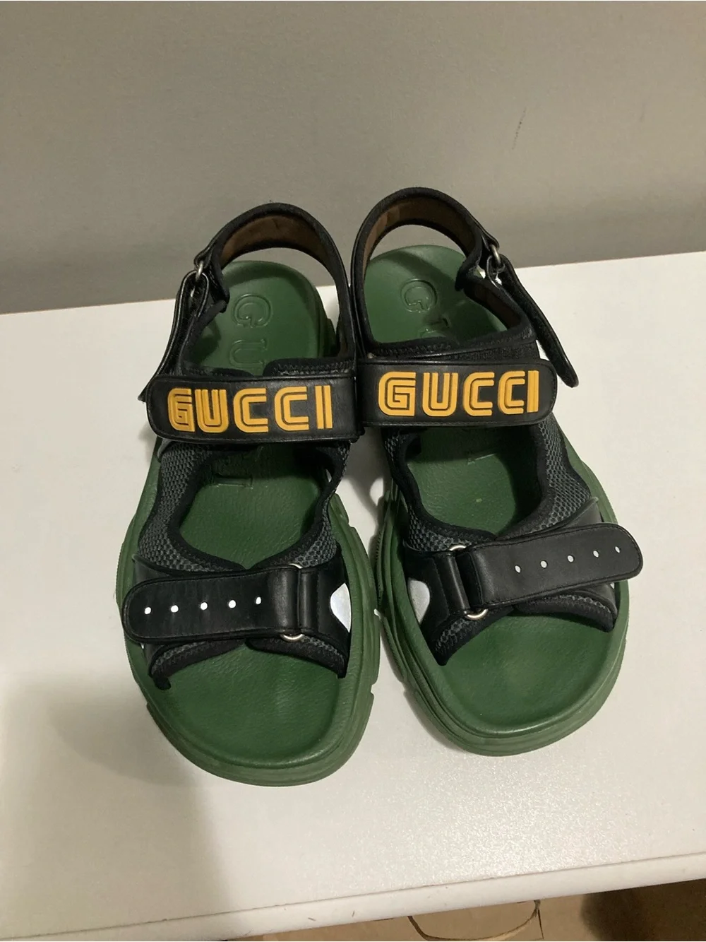 Gucci x Sega Aguru Black, Olive Green & Yellow Mesh Logo Platform Sandal